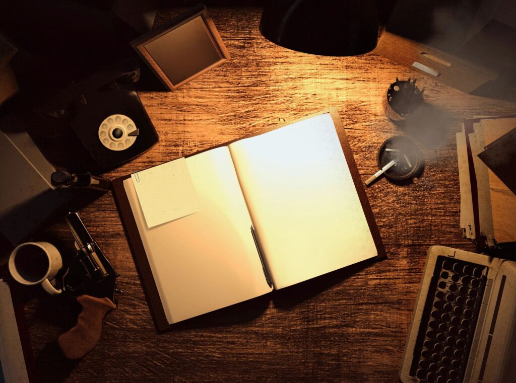 3d render illustration of detective table workspace.